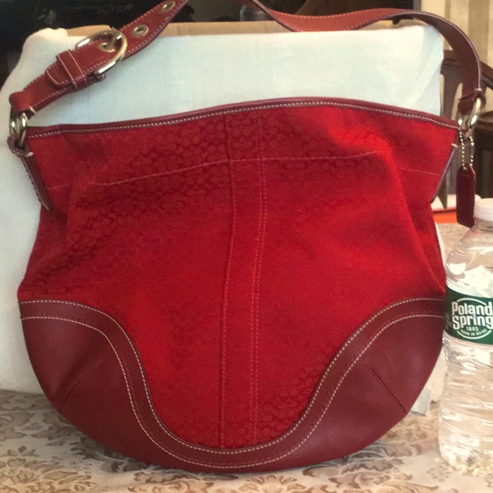 Coach F10923 red signature jacquard leather hobo purse